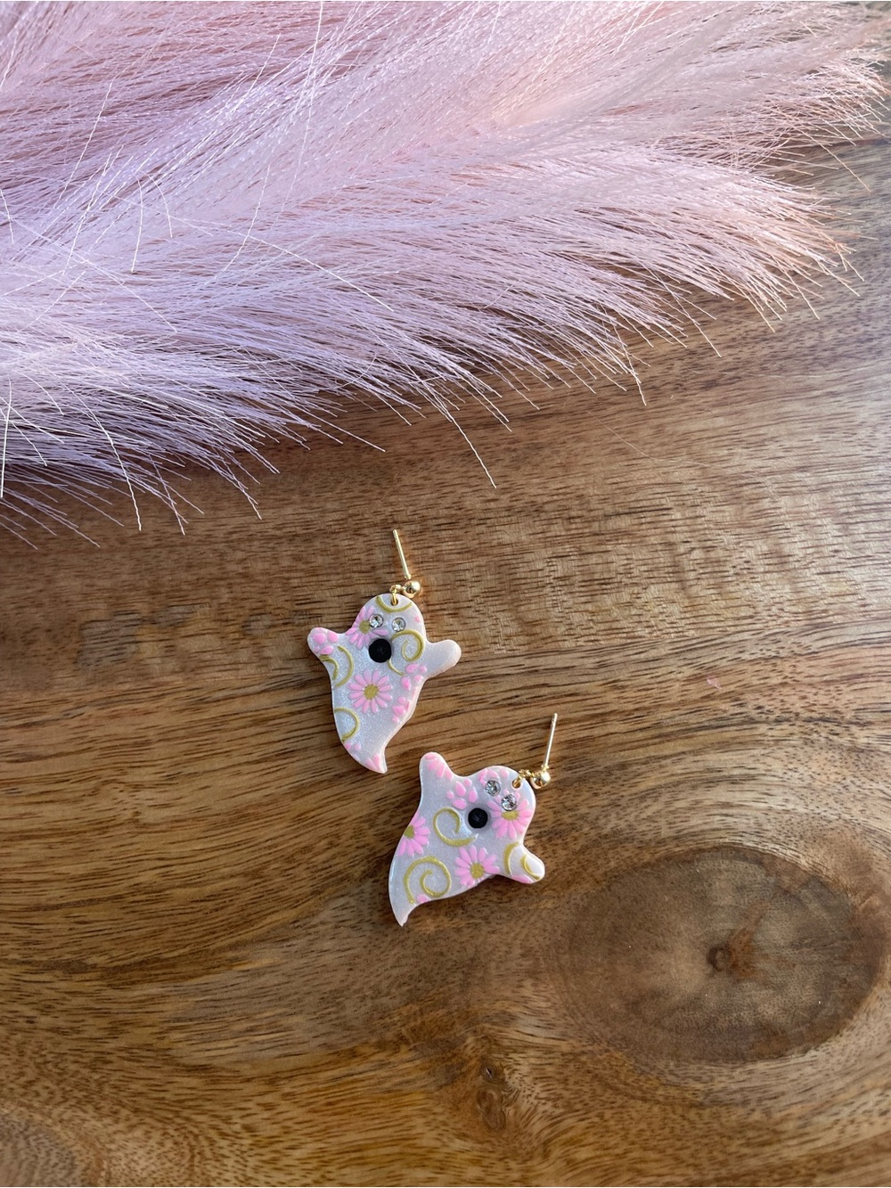 Playful Pink  Handmade By PennyClayCo Floral Ghost Drop Earrings
